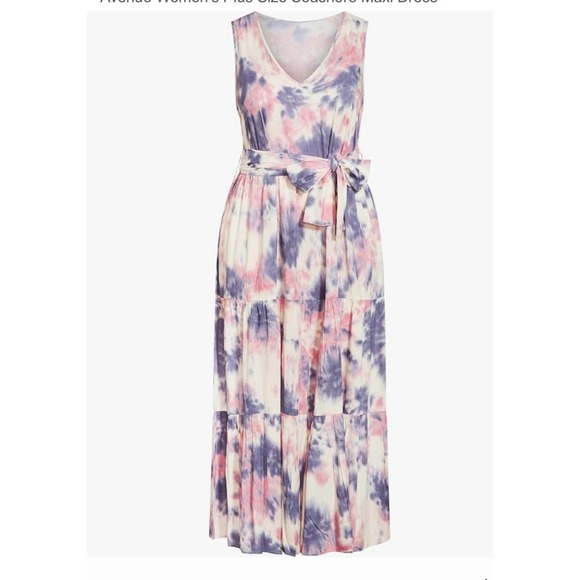 Loralette Plus Size Seashore Maxi Dress Serene Tie Dye Belted Tiered V-Neck - Picture 3 of 10